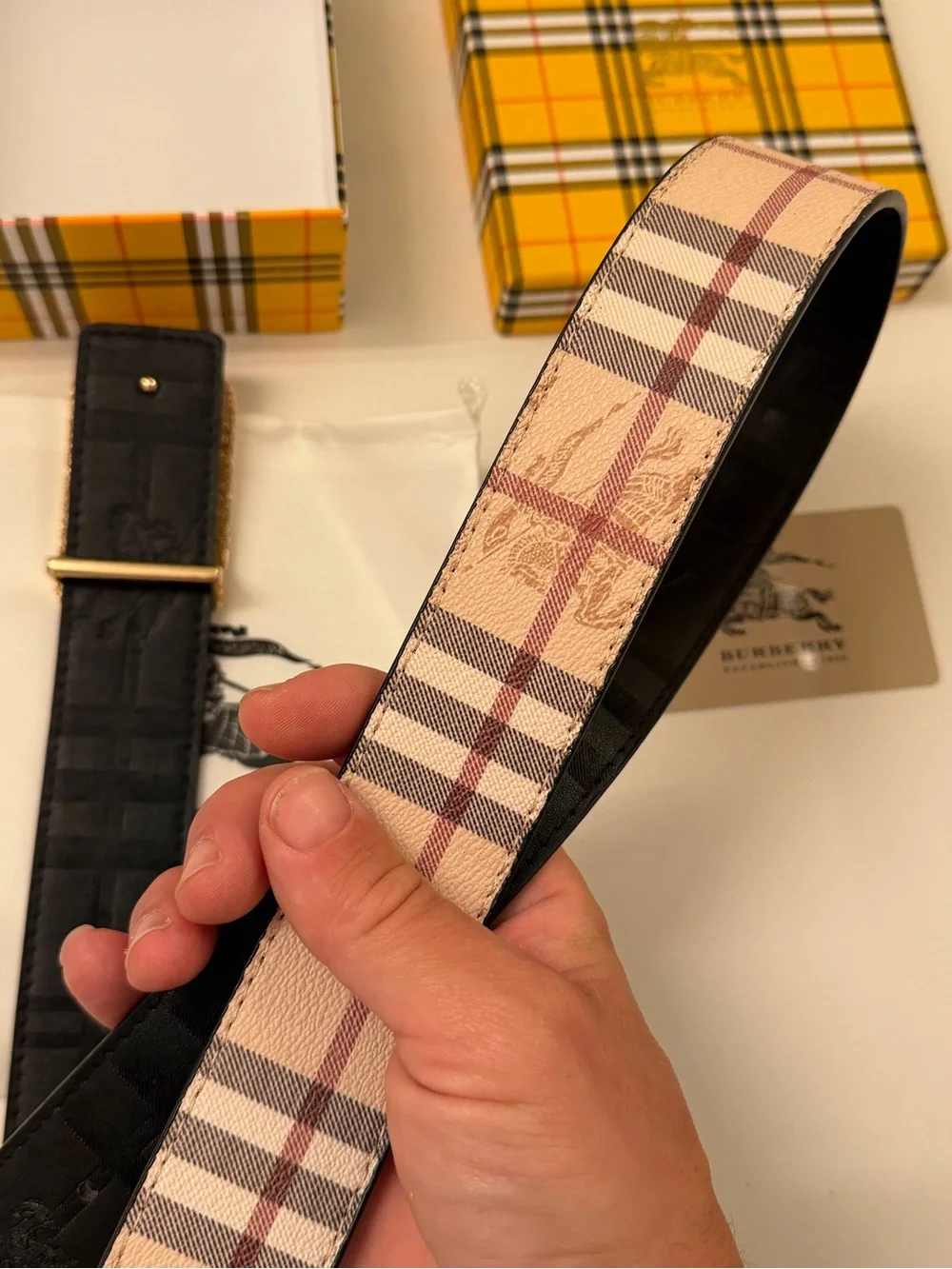 Burberry Reversible Belt – House Check / Black – Gold B Buckle